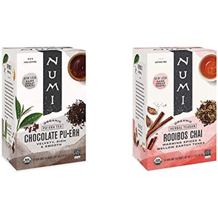 Numi Organic Tea Chocolate Pu-Erh, 16 Count Box Of Tea Bags, Black Tea & Organic Tea Rooibos Chai, 18 Count Box Of Tea Bags, Herbal Teasan, Caffeine-Free (Packaging May Vary)