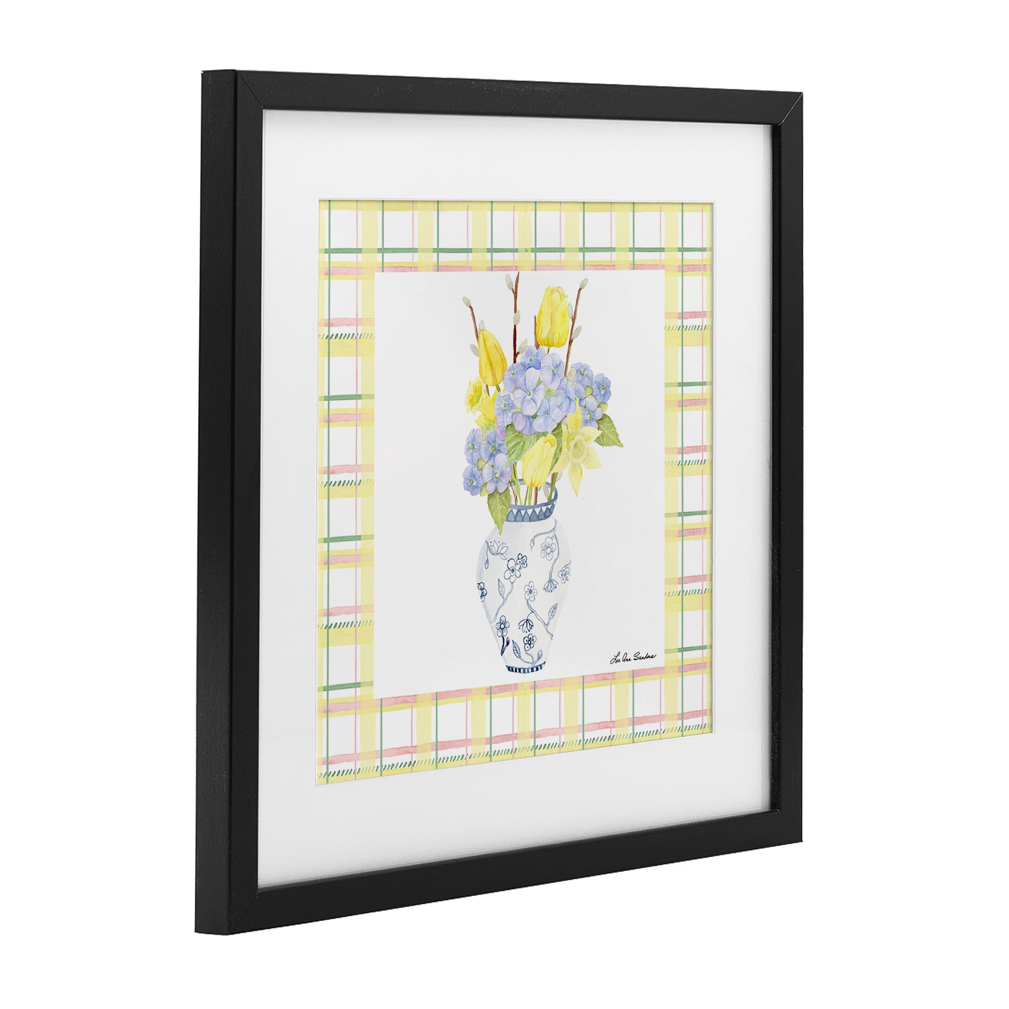 Spring Vase on Yellow Plaid Black Framed Print Under Glass, design by Lee Ann Sanders
