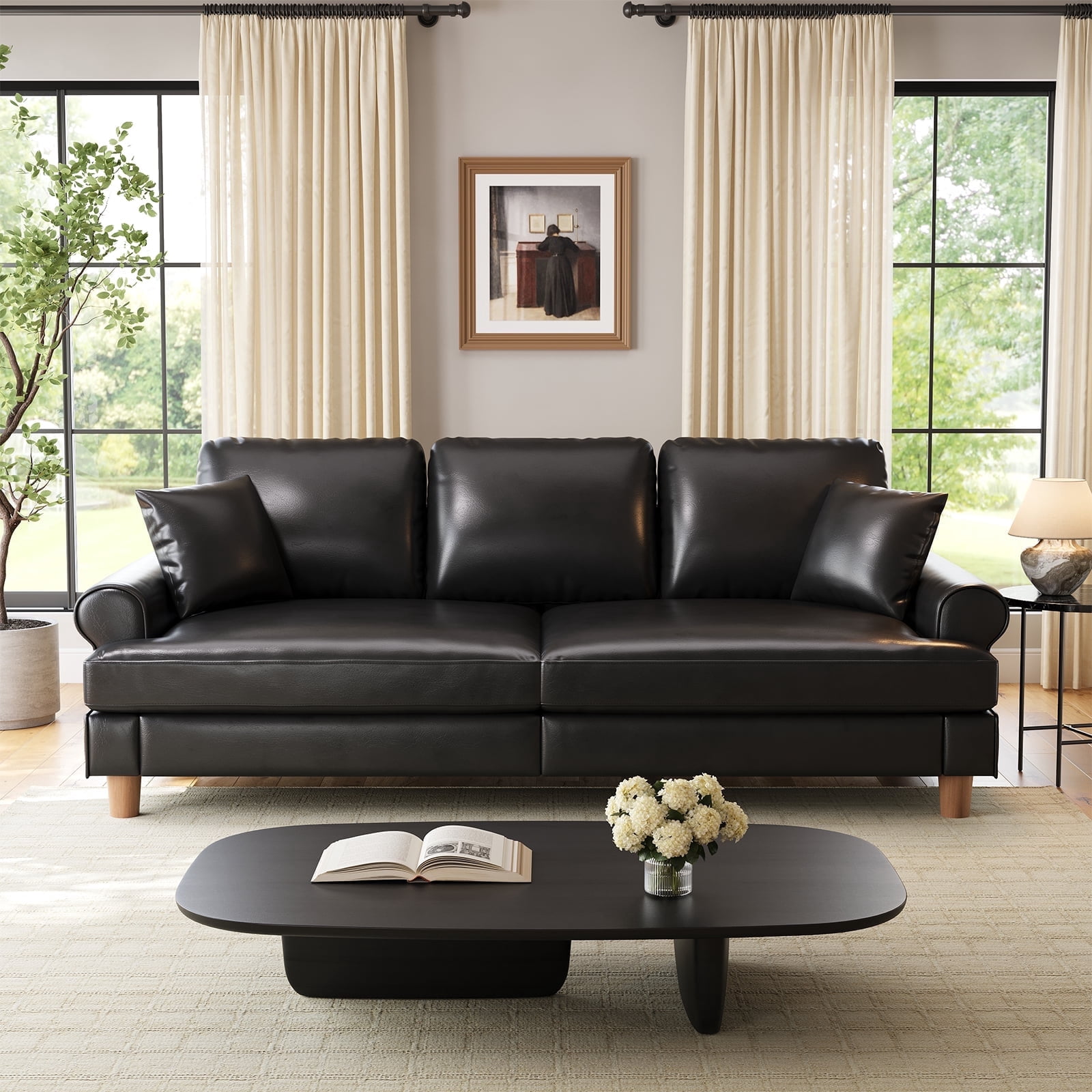 87" Couch Premium PU Leather Sofa, Comfy Extra Deep Seat 3 Seater Couch for Living Room, with 2 Pillows, Black