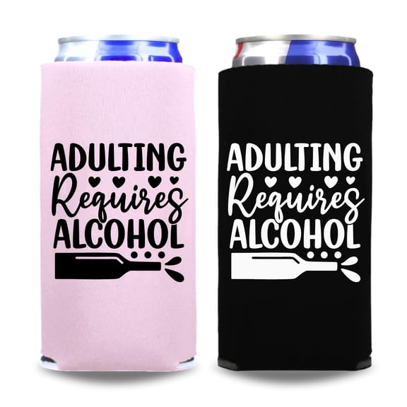 Funny Slim Cooler, Adulting Requires Alcohol, Funny Skinny Coolies, Funny Gag and Girlfriends Gift, Funny Party Favor, Spiked Seltzer Coolie (2Pack (Combo))
