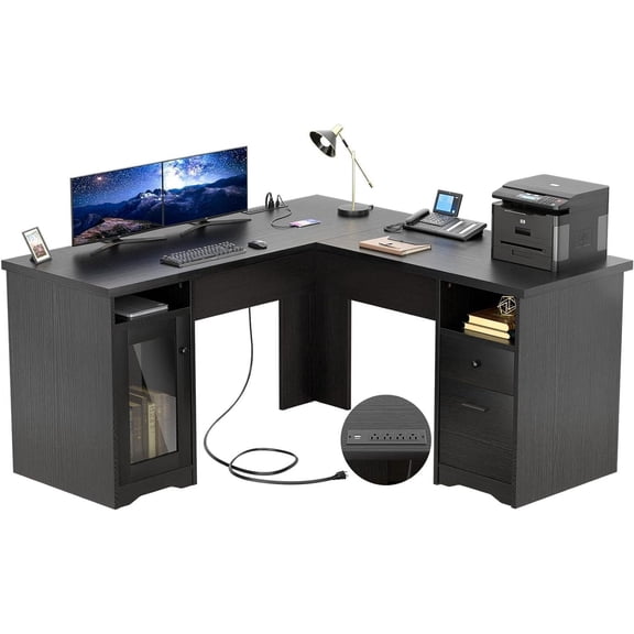 Homieasy L Shaped Desk with Drawer, 60 Inch Computer Desk with Power Outlet and USB Charging Port, Black