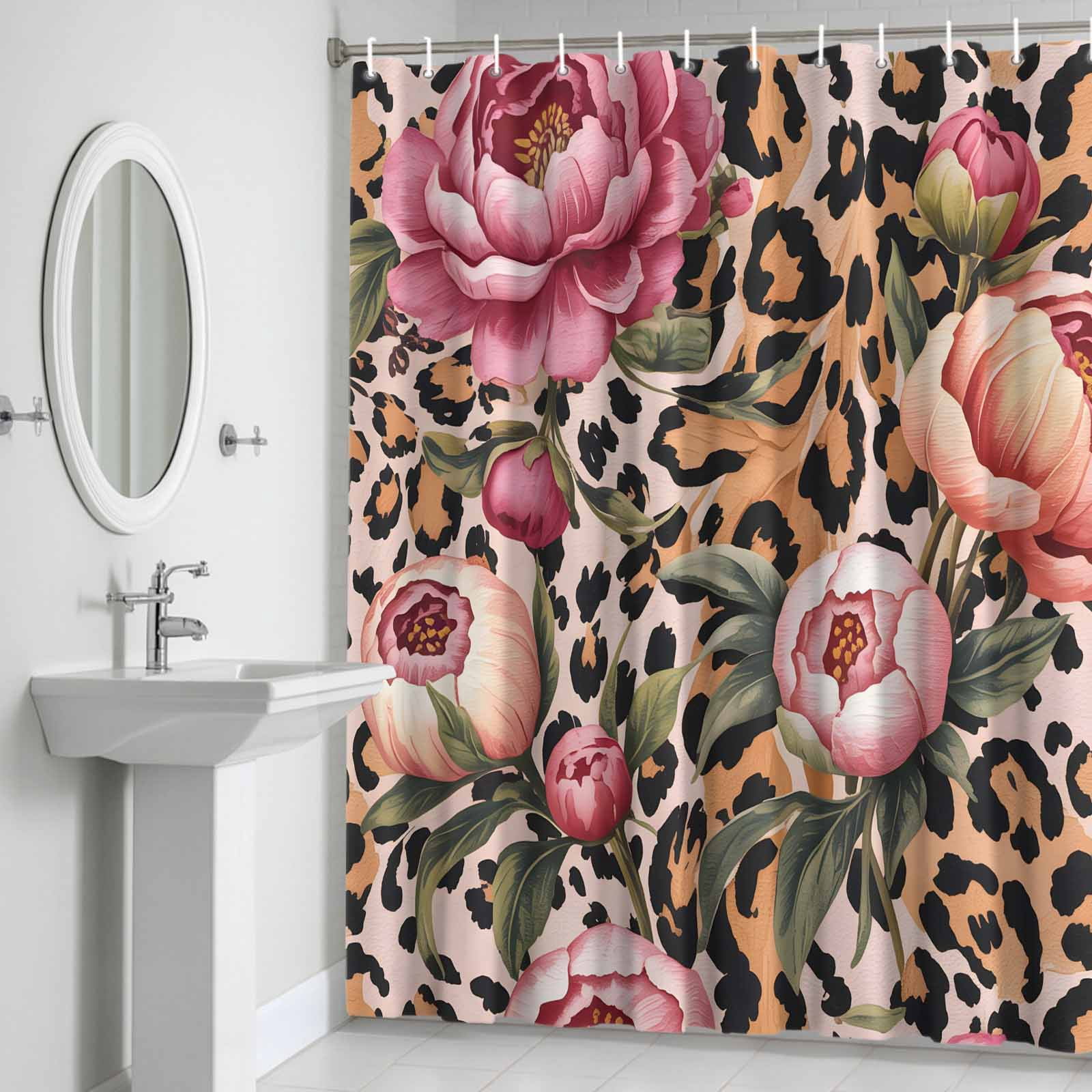 Pink Flowers Shower Curtain for Bathroom, Retro Leopard Stripes Animals Floral Plant Waterproof Cloth Fabric Bathroom Accessories Set with 12 Rust Proof Plastic Hooks, 72"x84"
