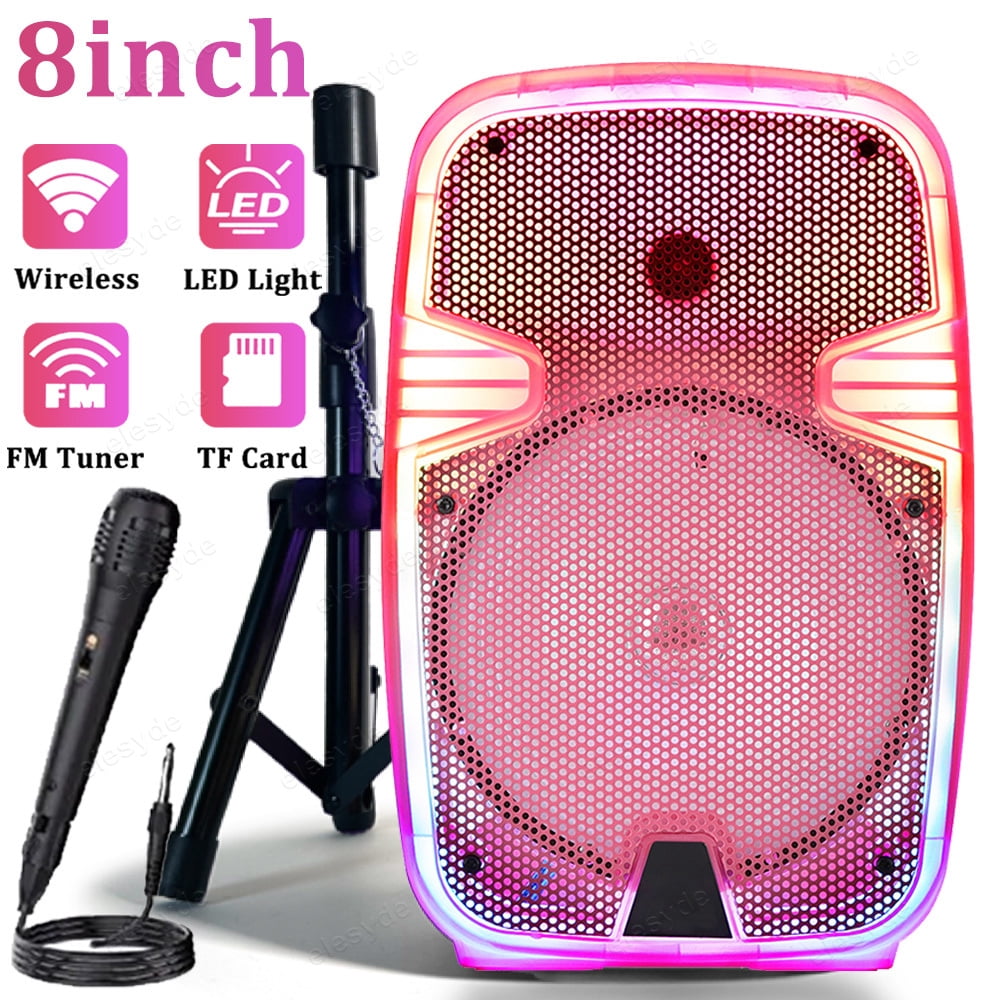 Portable Bluetooth Speaker 8" Woofer w/ Tripod Stand Microphone Remote Control Pink LED, Clear Shell