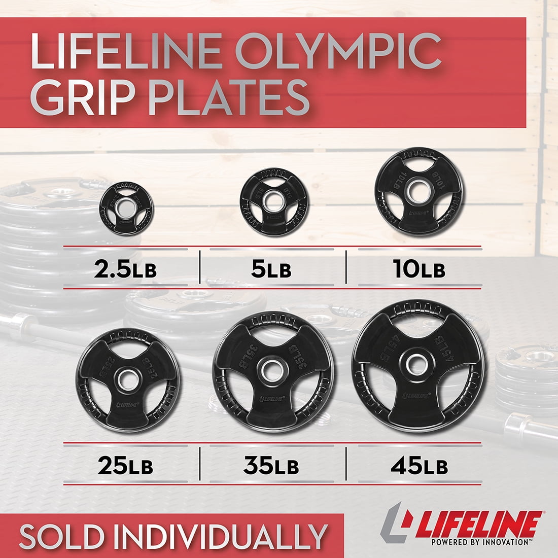Lifeline Olympic Rubber Grip Plates for Easy Grip, Impact Resistance and Equipment Protection - 45 LBS