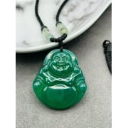 Jade Buddha Charm Pendant Necklace W/ Beads Cord Handmade Carved Green Gemstone