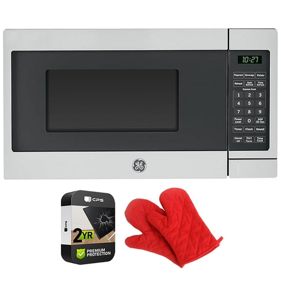 GE GCST07N1WSS Countertop Microwave Oven 700-watt Compact 0.7 Cu Ft Stainless Steel Bundle with 2 YR CPS Enhanced Protection Pack and Deco Chef Pair of Red Heat Resistant Oven Mitt