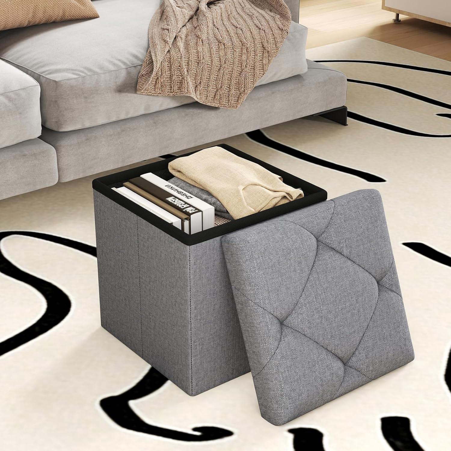 15" Foldable Storage Ottoman Bench with Bins, Padded Footrest Stool for End of Bed, Living Room and Entryway, Holds up to 350 lbs, Gray