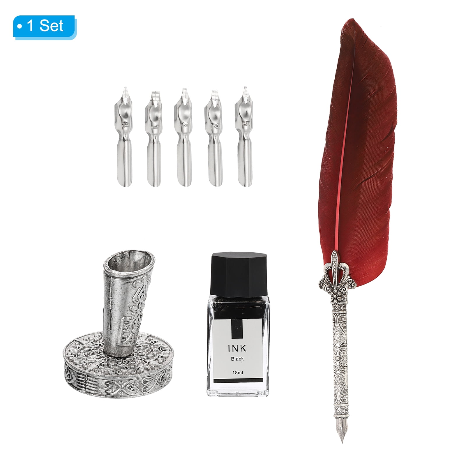 Uxcell 26cm/11" Carved Feather Pen Set, Quill Pen with Ink Set 5 Replacement Nibs Stand Base for Calligraphy,  Red