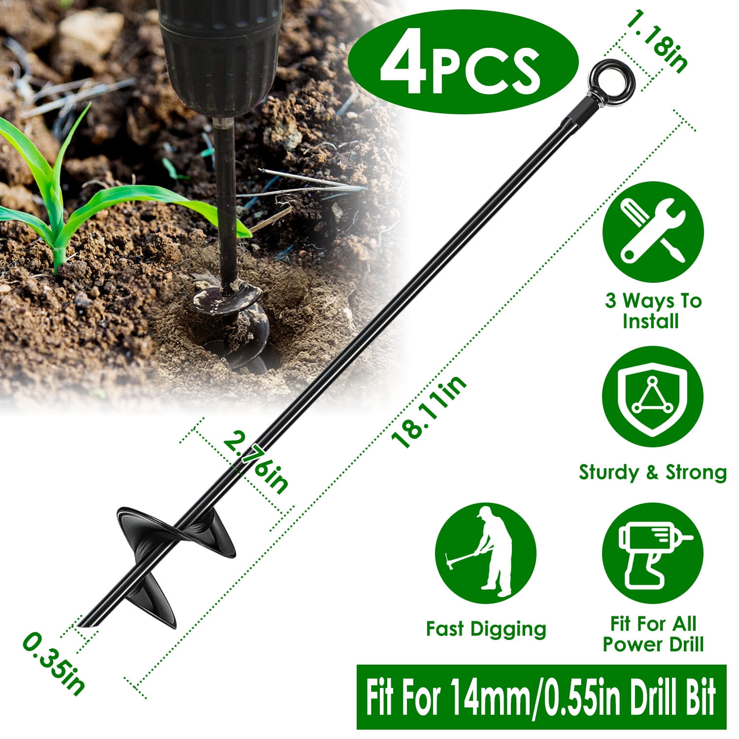 4 Pack Spiral Hole Drill Bit for Planting 0.35"D x18.11"L TeqHome Garden Ground Auger Stakes for 14mm/0.55in Drill Bit for Post Hole Digger Bulb Bedding Digging Plant Rapid Planter