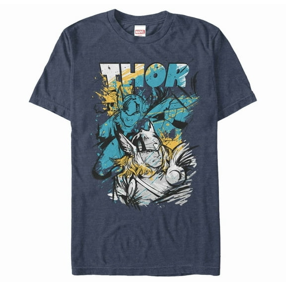 Men's Marvel Thor Sketch Splatter Print Graphic Tee Navy Blue Heather Medium