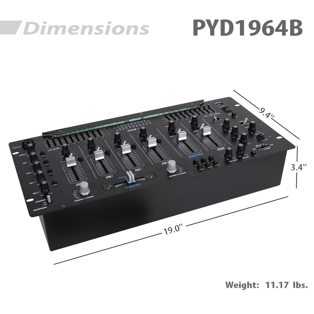 PYLE PYD1964B - Bluetooth 6-Channel DJ Mixer 19'' 5U Rack Mount System Digital LED Illuminated Controls