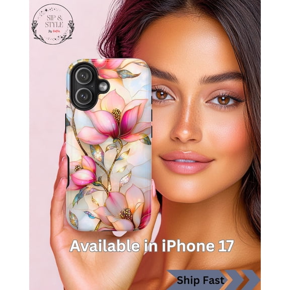 Magnolia Stained Glass Print Case, iPhone Samsung Tough Phone Case: Floral Marble Design