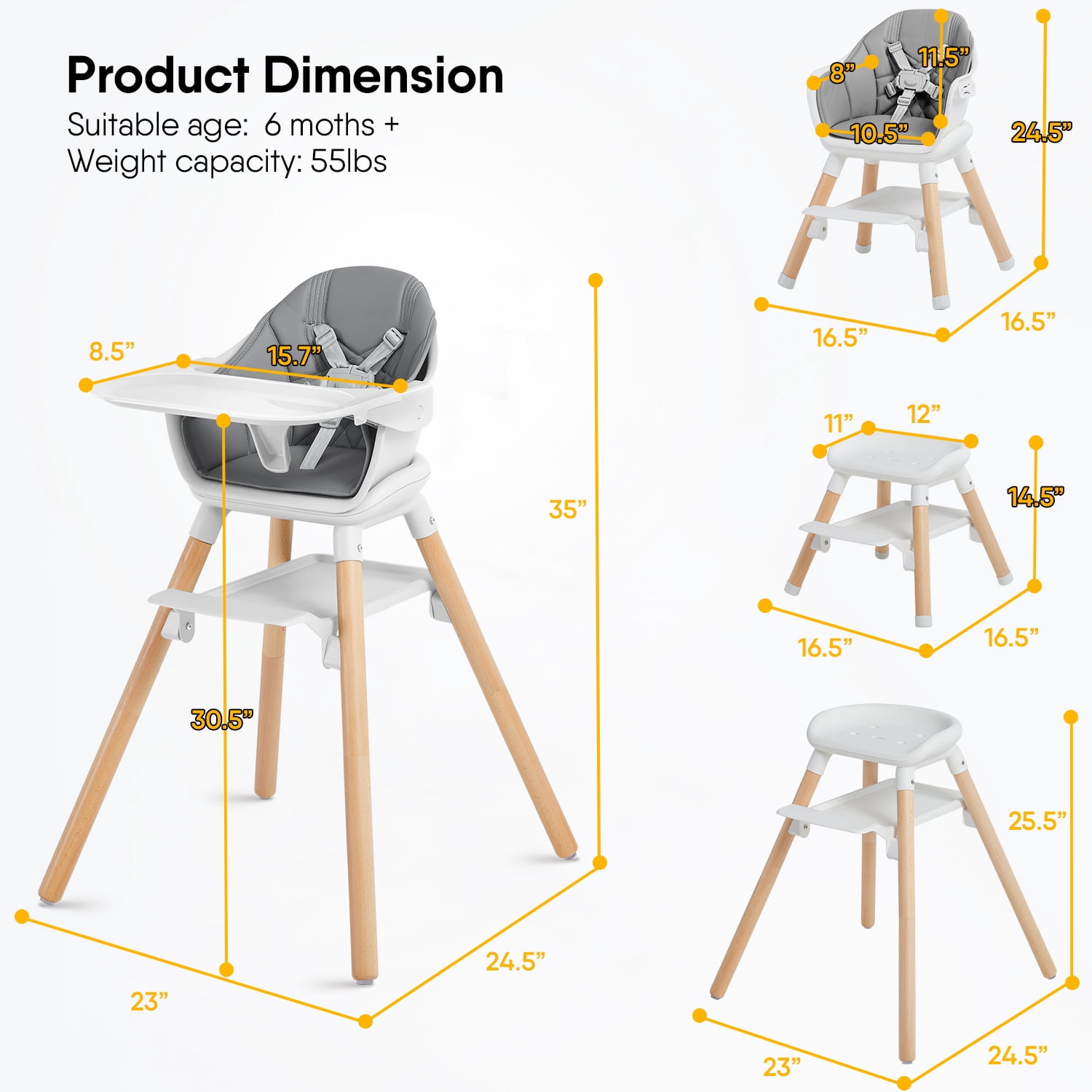 Babyomi Convertible High Chair for 2 Babies, 11-in-1 Wooden Booster with Double Easy-Clean Trays & PU Cushion,White