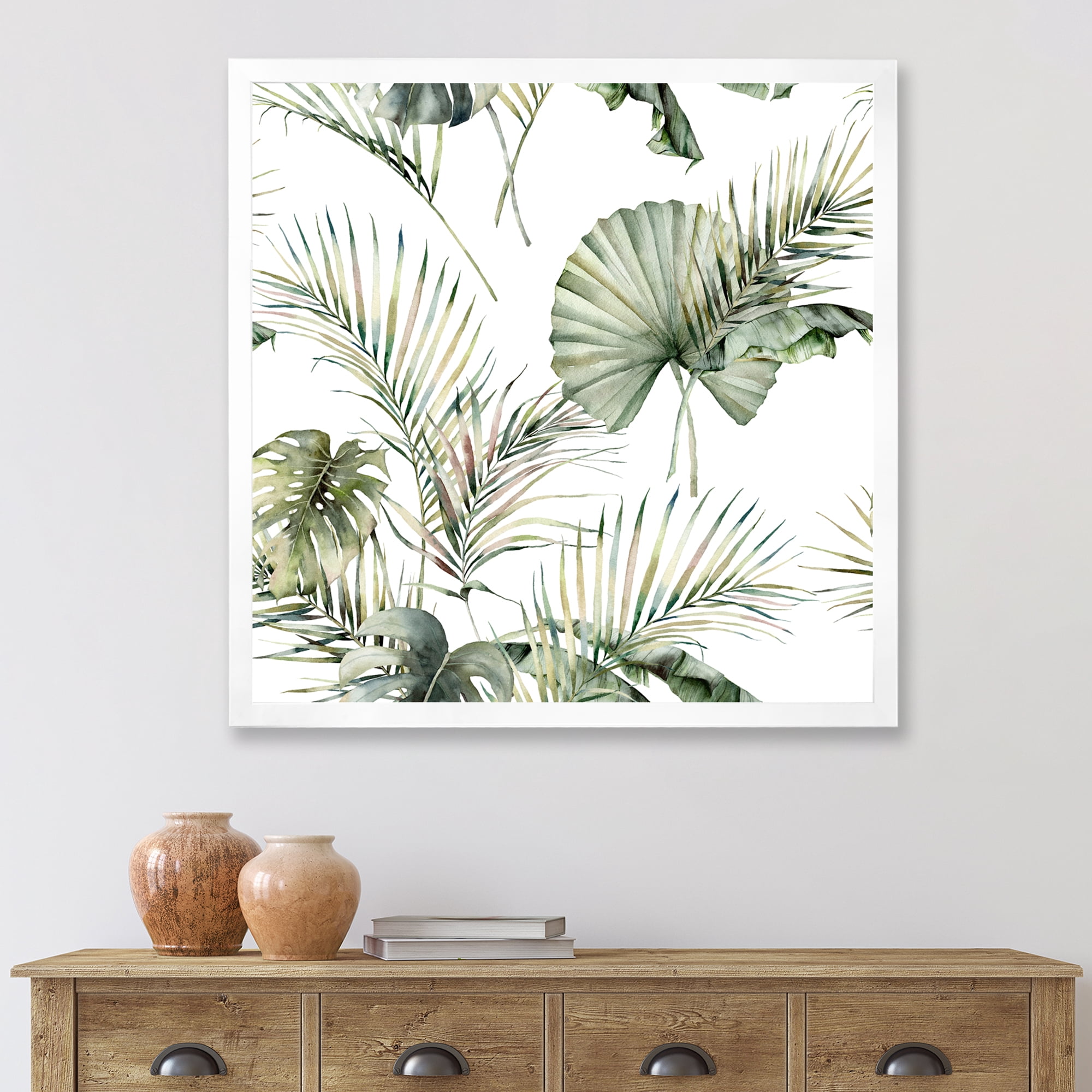 Designart 'Monstera and Coconut Leaves With Tropical Pattern' Traditional Framed Art Print