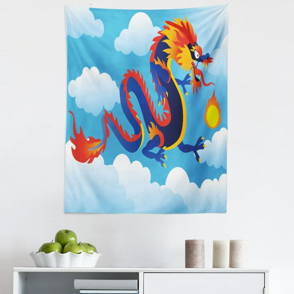 Dragon Tapestry, Surreal Folk Tale Creature Spitting on Clouds Chinese Cartoon Art, Fabric Wall Hanging Decor for Bedroom Living Room Dorm, 5 Sizes, Sky Blue Orange Indigo, by Ambesonne