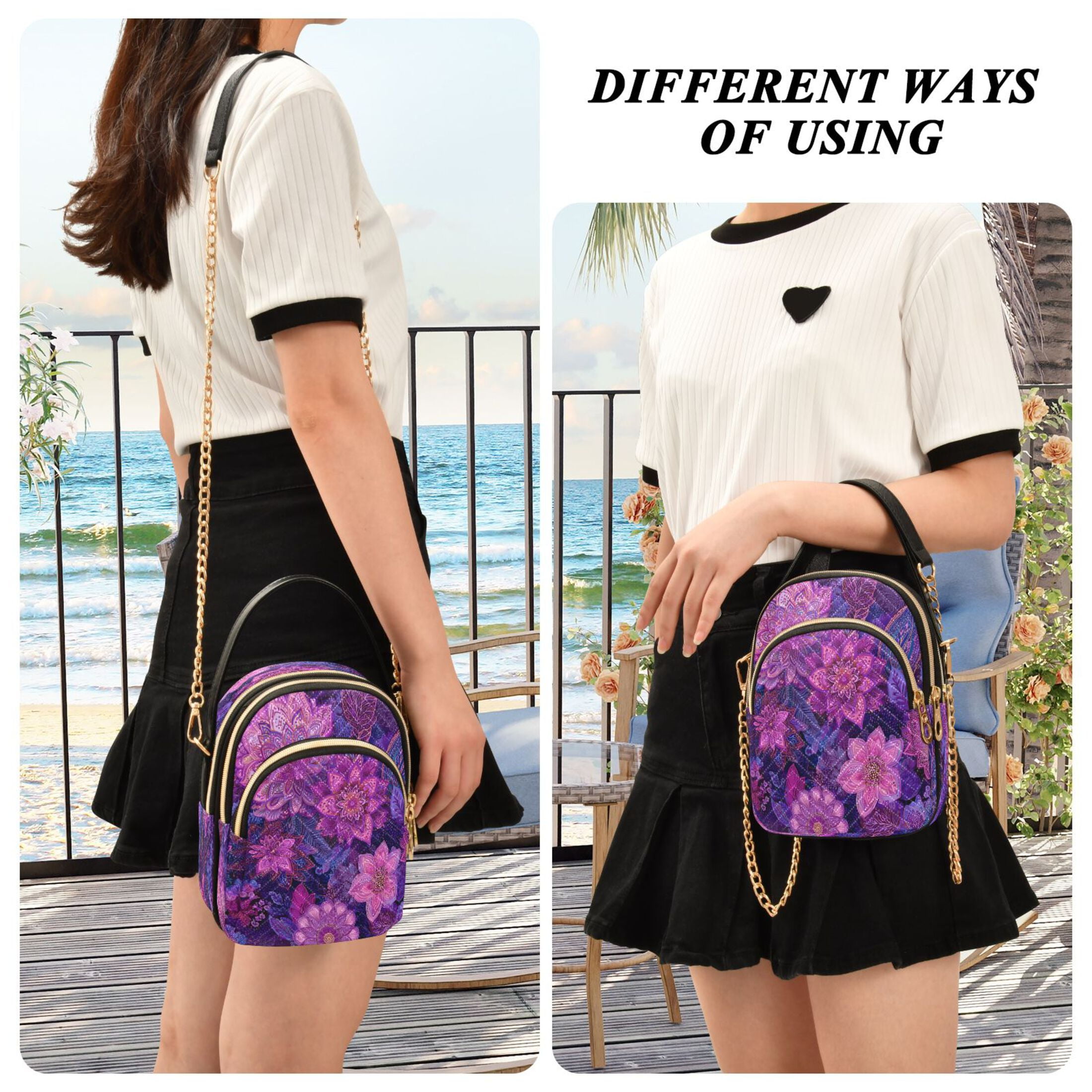 Quilted Women's Crossbody Bag Purses and Handbags with Detachable Leather Strap Lavender Bohemian Pattern