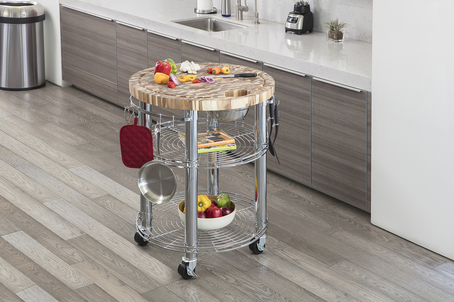 Seville Classics Rolling Butcher Block Top Kitchen Island Cart with Storage, 30 in Diameter x 36 in H - image 4 of 6