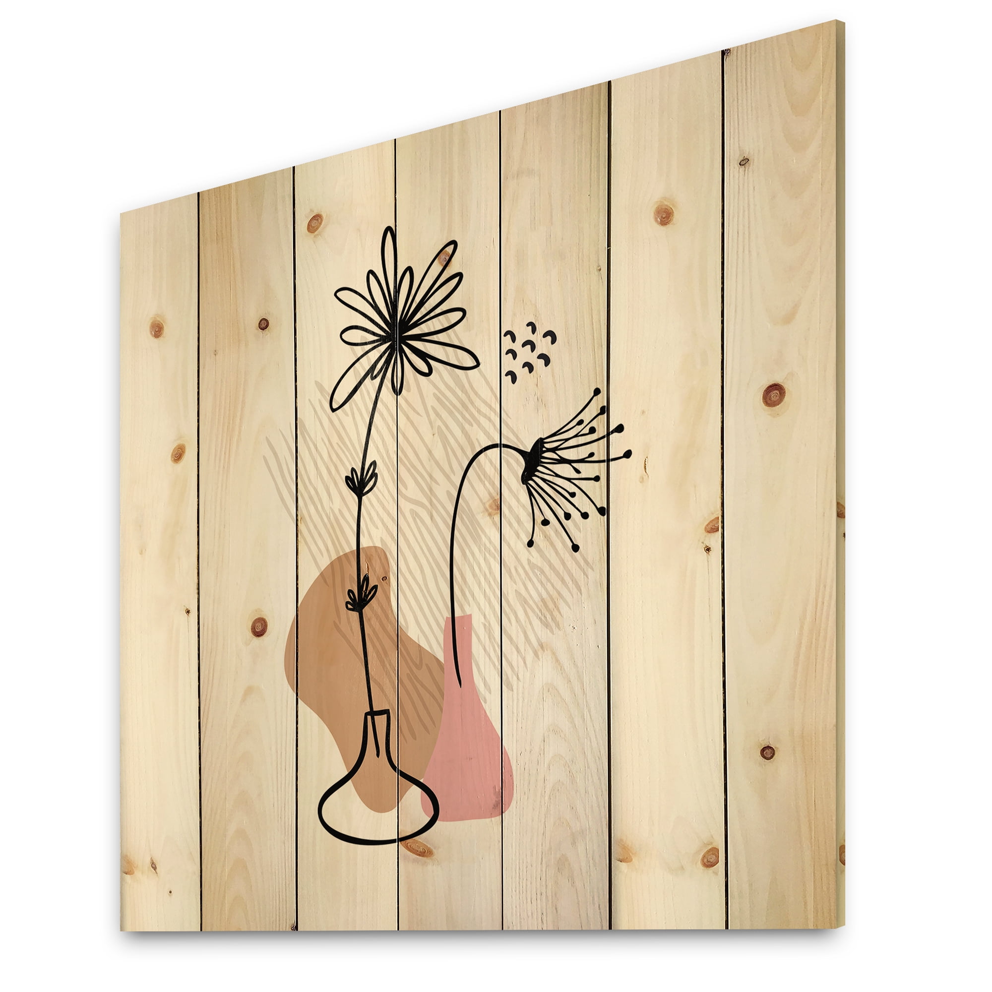 Designart 'Abstract Minimal Shapes Under Flowers III' Modern Print on Natural Pine Wood