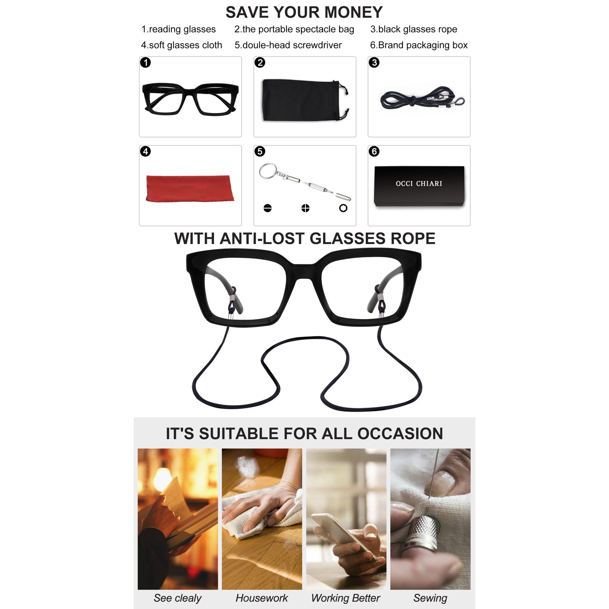 OCCI CHIARI 4.0 Reading Glasses Women Designer Reader 400(1.0 1.25 1.5 1.75 2.0 2.25 2.5 2.75 3.0 3.5 4.0) with Arylic Lens (Black, 400)