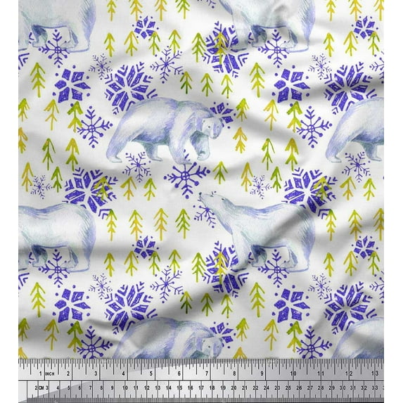 Soimoi Georgette Viscose Fabric Snowflake & Polar Bear Animal Decor Fabric Printed Yard 42 Inch Wide