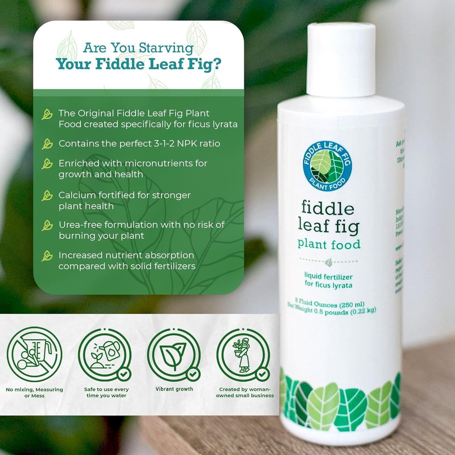 Fiddle Leaf Fig Plant Food  312 Balanced NPK Liquid Fertilizer for Larger Leaves, Stronger Roots & Steady, Vibrant Growth  Suitable for All Ficus Including Ficus Lyrata  Made in USA  8 oz