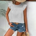 thumbnail image 3 of Fesfesfes Women's Denim-Look Round Neck Tops Casual Solid Color Loose Ruffled Cap Sleeves T-shirt Fashion Buttonless Pullover Summer Blouses(White,S), 3 of 6