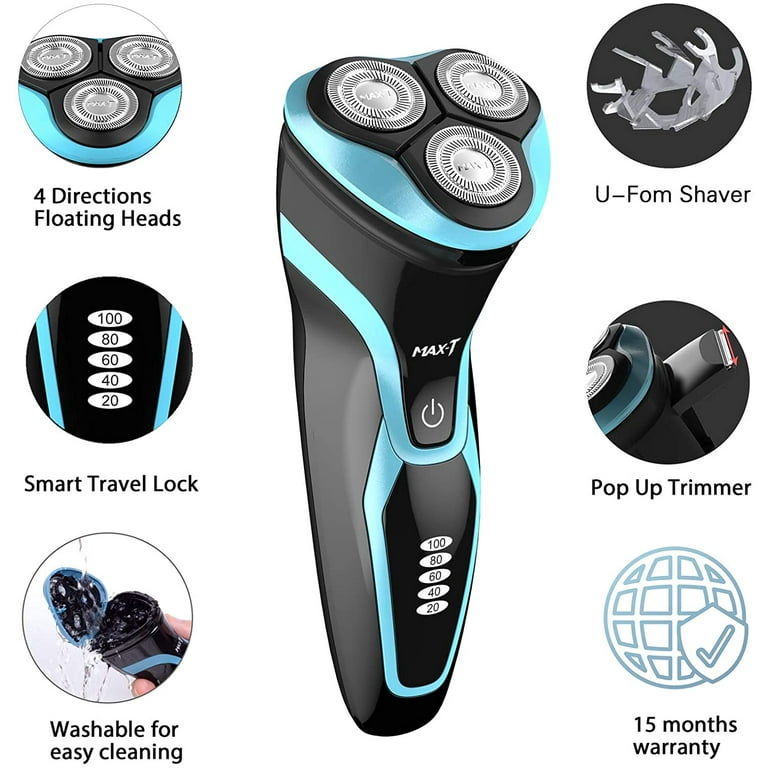 Max T Electric Razor for Men Electric Shaver Face Shaver Rechargeable 100 Waterproof IPX7 Blue