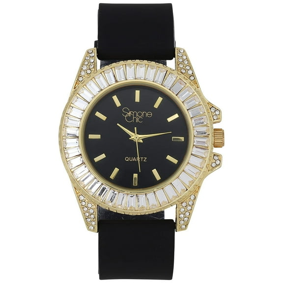 Women's Baguette Cut Diamond Crystal Bling'ed Out Watch - Drop it Down with This Ice on Your Wrist Ladies!! Kakuna Matata!! -ST10372SLA Rubber Gold Black