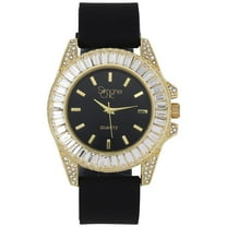 Women's Baguette Cut Diamond Crystal Bling'ed Out Watch - Drop it Down with This Ice on Your Wrist Ladies!! Kakuna Matata!! -ST10372SLA Rubber Gold Black