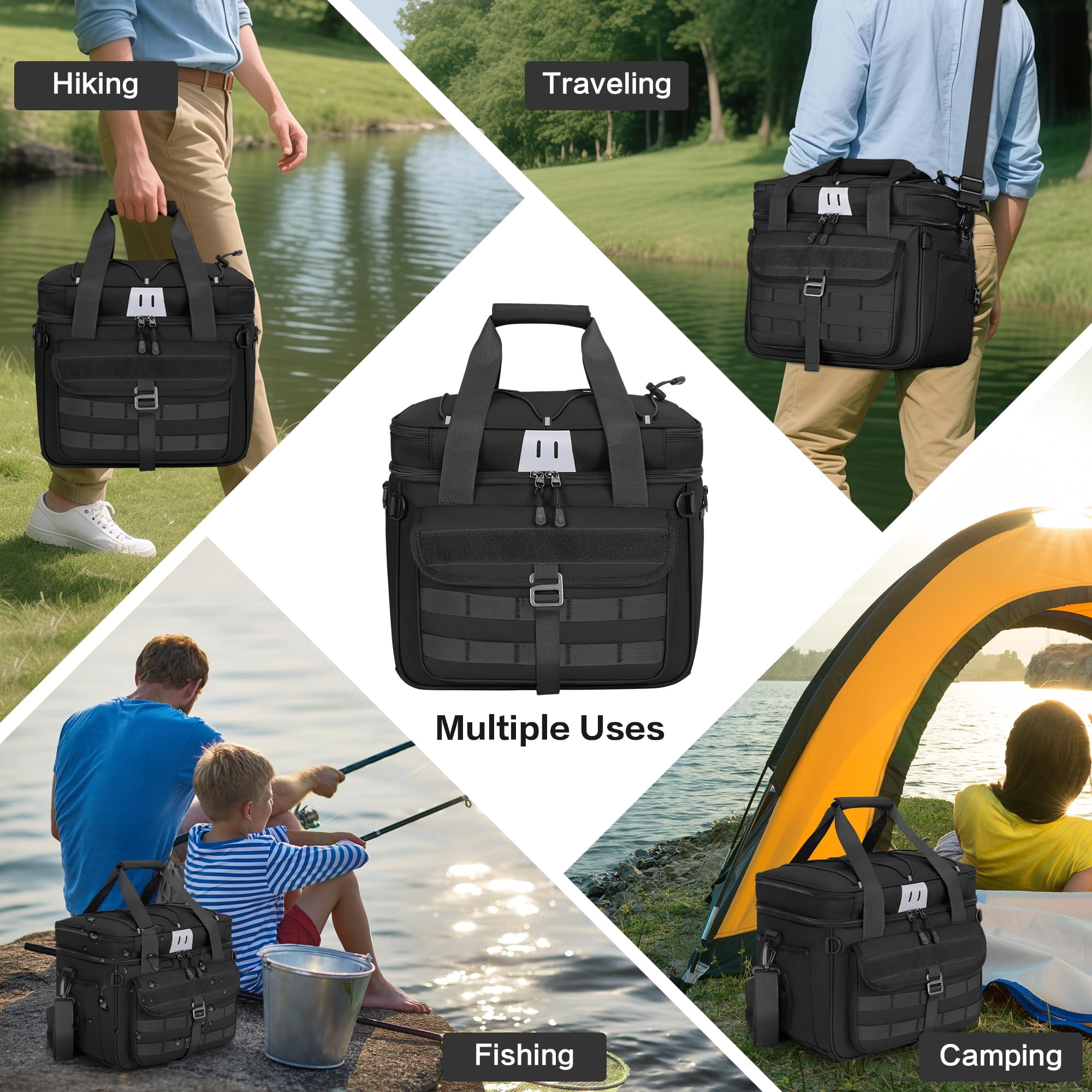 30l Large Fishing Tackle Bag  Waterproof Box For Saltwater & Freshwater Gear And Equipment Storage Padded Shoulder Strap Gift Men Black
