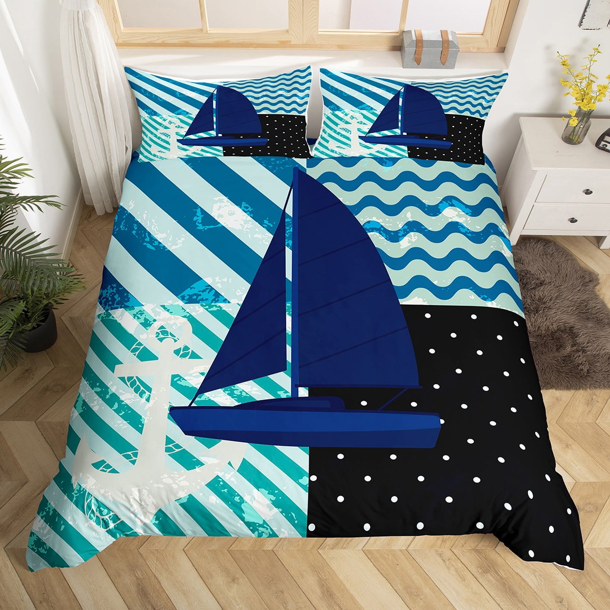 Nautical Sailboat Bedding Set Queen, Ocean Theme Duvet Cover, Sea Wave