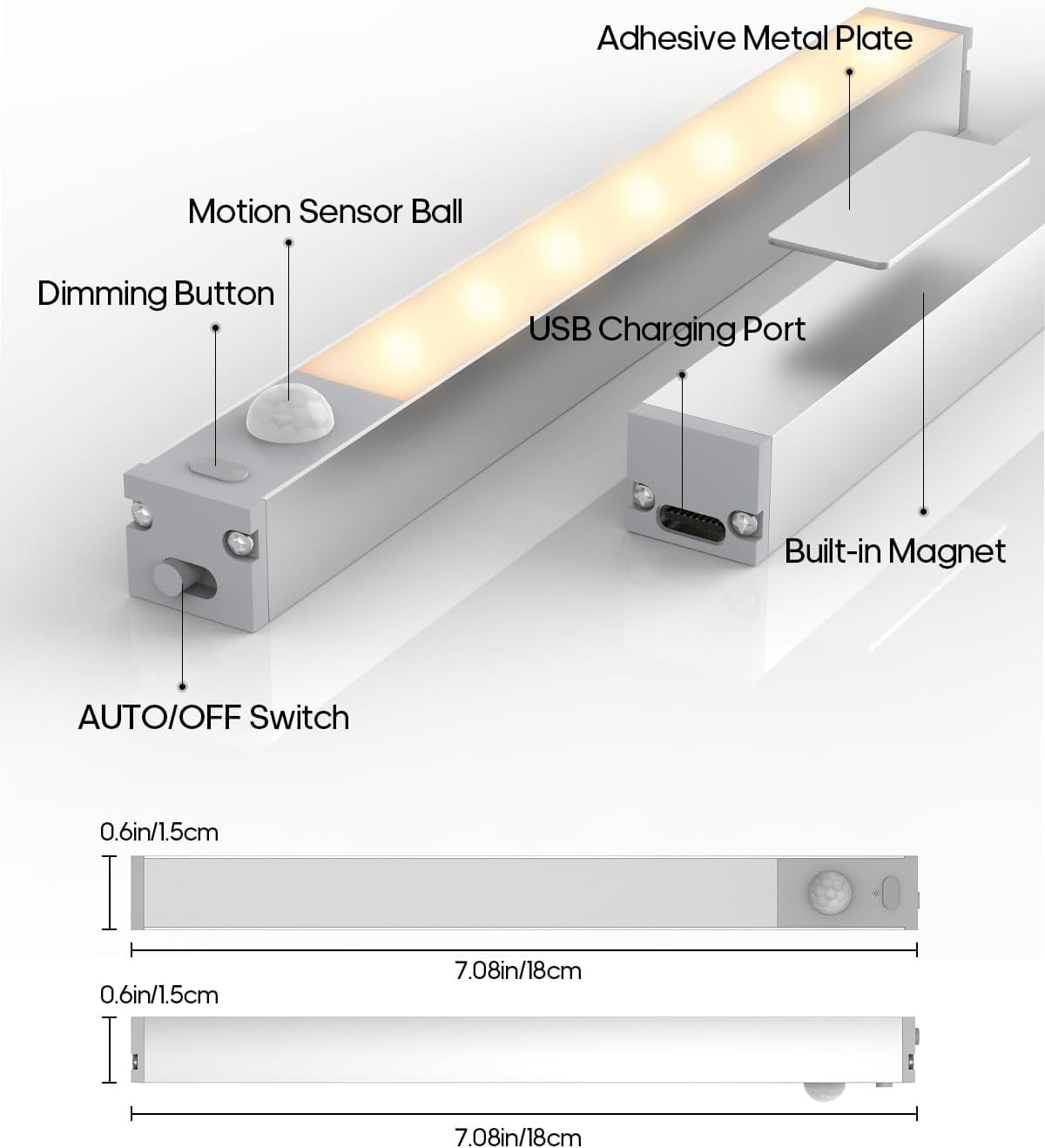 Led Under Cabinet Lights Wireless, 7’’ Rechargeable Motion Sensor Light Indoor, Dimmable Closet Lights for Cabinets, Bookshelf, Stair, Hallway Warm White 3 pcs