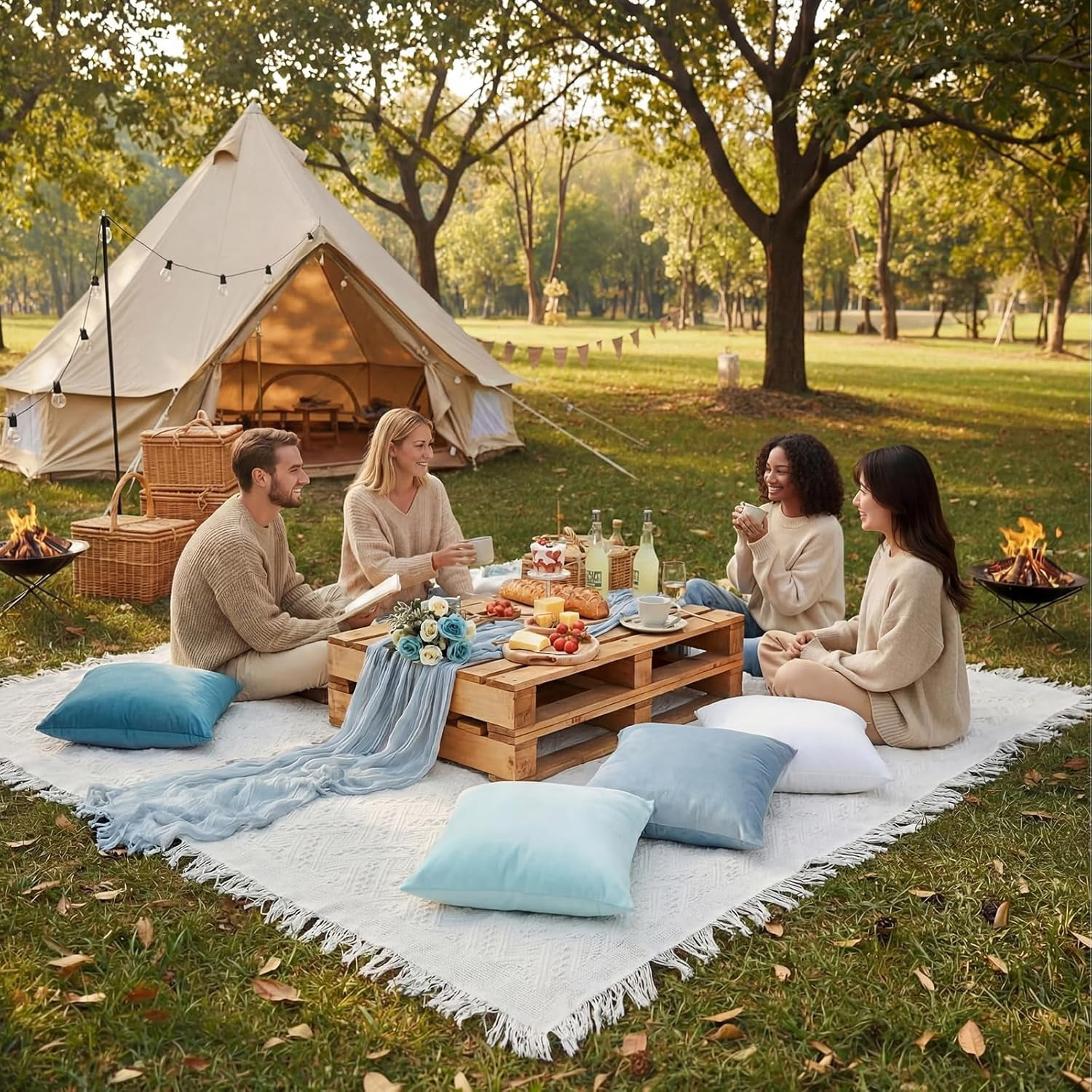 10 Pcs 71''x102'' Extra Large White Outdoor Boho Picnic Blanket with Table Runner 8 Blue Throw Pillow Cover Oversized Washable Portable Beach Blanket for Valentine Picnic Camp Lawn Wedding