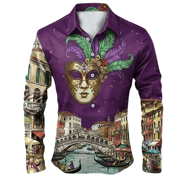 CONZONE Mens Buttons Down Shirts Long Sleeve Mardi Gras Shirts For Men Trendy Carnival Graphic Lapel Soft Lightweight Tops