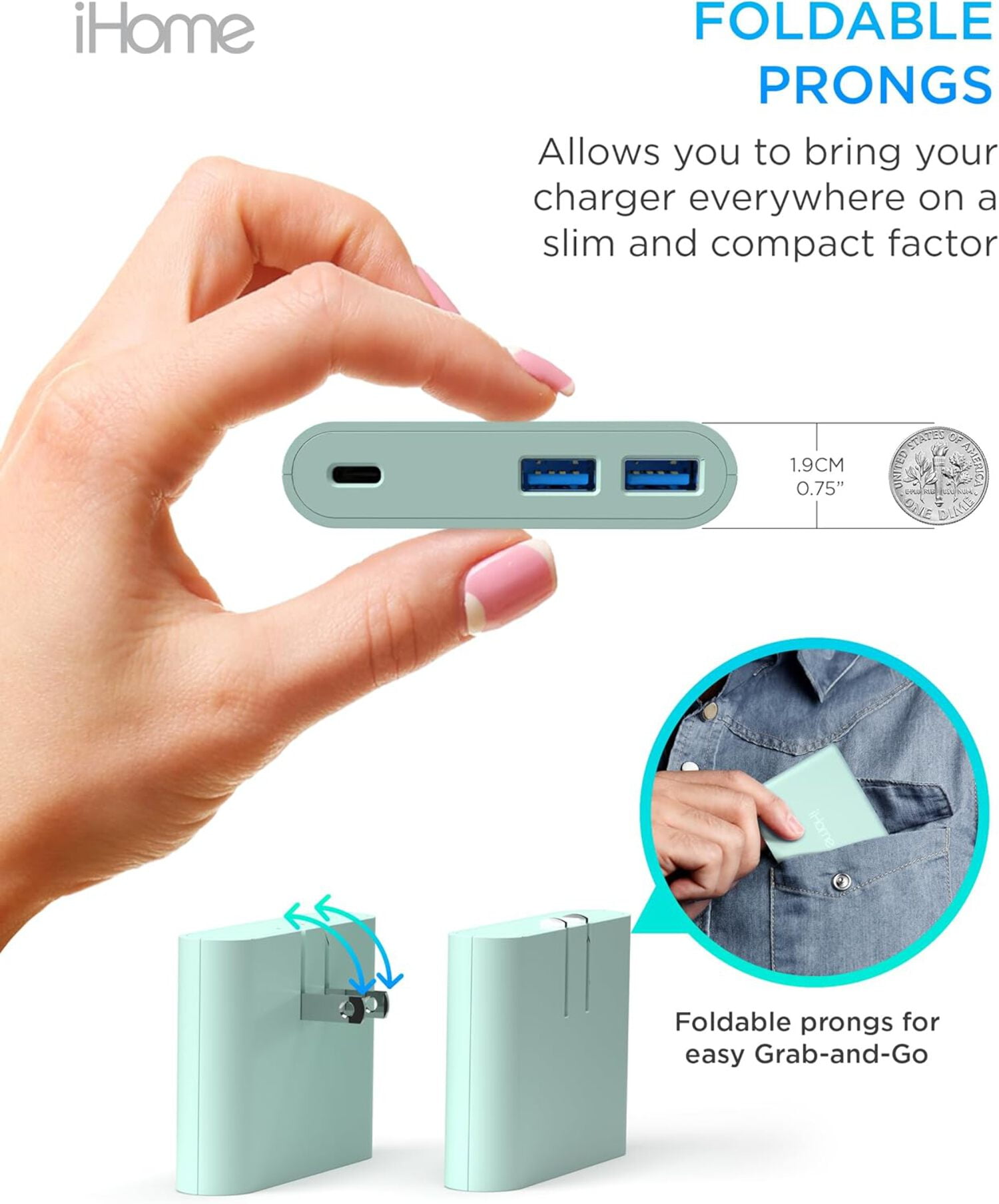 iHome 32W AC Pro Wall Charger, 3-Port (1 USB-C, 2 USB-A), Fast Charging, Universal Compatibility