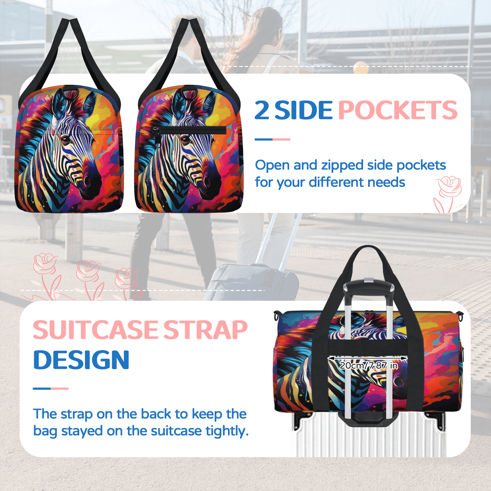 Herdesigns Colorful Zebra Gym Bag for Women, Duffle Bag for Travel Sport, Lightweight Waterproof Carry on Weekender Overnight Dance Yoga Workout Bags