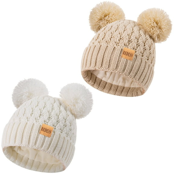 REDESS 2 Pcs Toddler Winter Pom Pom Beanie Hat For 0-3 Years Old Kid-White Beige