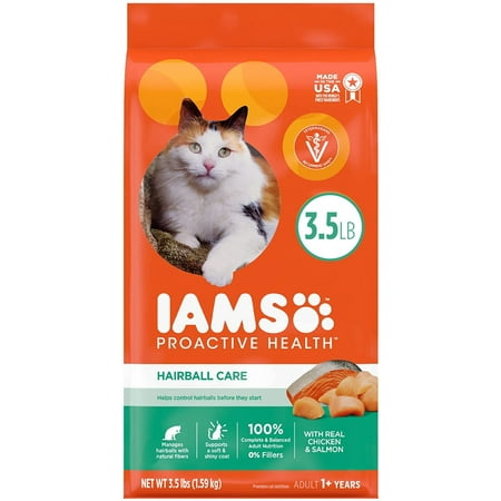 (Best Before: 06/13/26) IAMS PROACTIVE HEALTH Adult Hairball Care Dry Cat Food with Chicken and Salmon Cat Kibble 3.5 lb. Bag Chicken 3.5 Pound (Pack of 4)