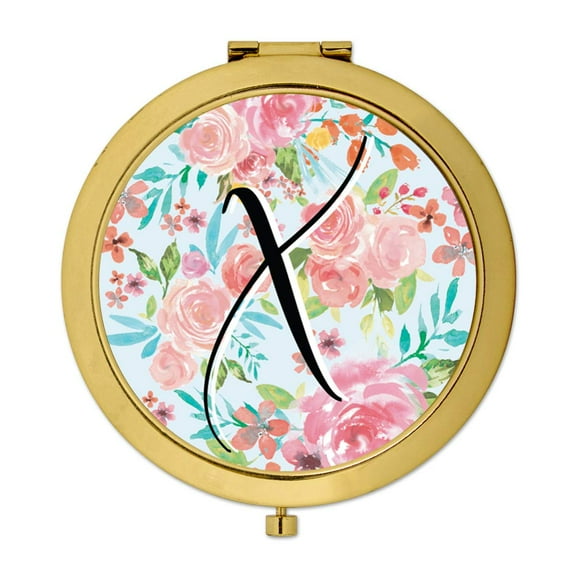 Koyal Wholesale Compact Mirror Bridesmaid's Wedding Gift, Gold, Monogram Letter X, Tea Party Pink Floral Flowers, 1-Pack