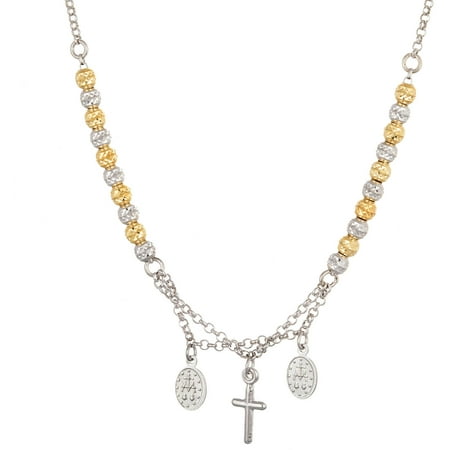 Lesa Michele Two-Tone Sterling Silver Cross Medallion and Beads Necklace