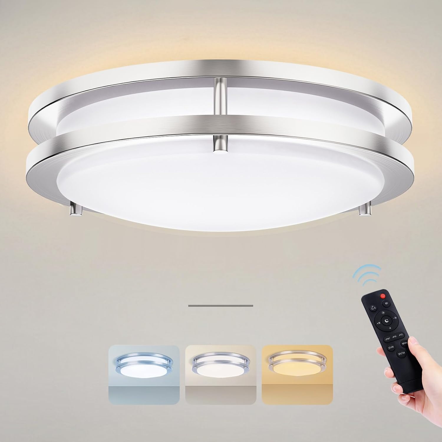 RGHJAR-Flush Mount Ceiling Light with Remote: 10 Inch Lights Fixture, 3000K-4500K-6000K Adjustable 3 Color Temperature, Dimmable Lighting Fixtures for Kitchen Bedroom Hardwired Installation (Silver)