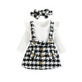 thumbnail image 1 of goowrom Toddler  Clothes Set, Solid Ribbed Long Sleeve Ruffled Romper + Plaid Print Suspender Skirt + Headband, 1 of 9