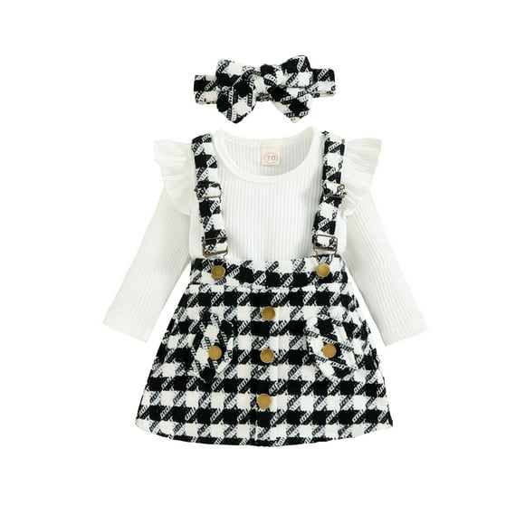 goowrom Ensemble de Vêtements pour Tout-Petit, Barboteuse à Manches Longues Côtelée Unie à Volants + Jupe à Bretelles à Carreaux + Bandeau
