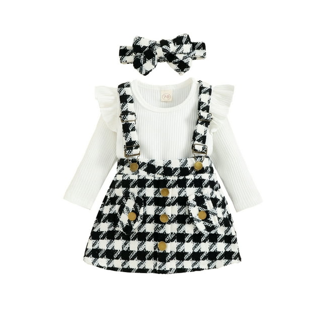 goowrom Toddler Clothes Set, Solid Ribbed Long Sleeve Ruffled Romper + Plaid Print Suspender Skirt + Headband