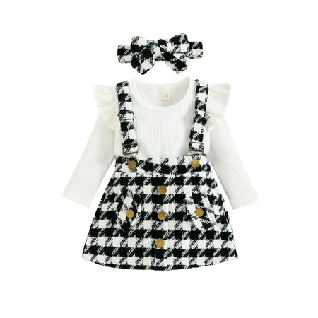 

Qtinghua Infant Toddler Baby Girl Clothes Ribbed Romper Bodysuit Plaids Suspender Skirt Headband 3 Pieces Outfits Black White 3-4 Years