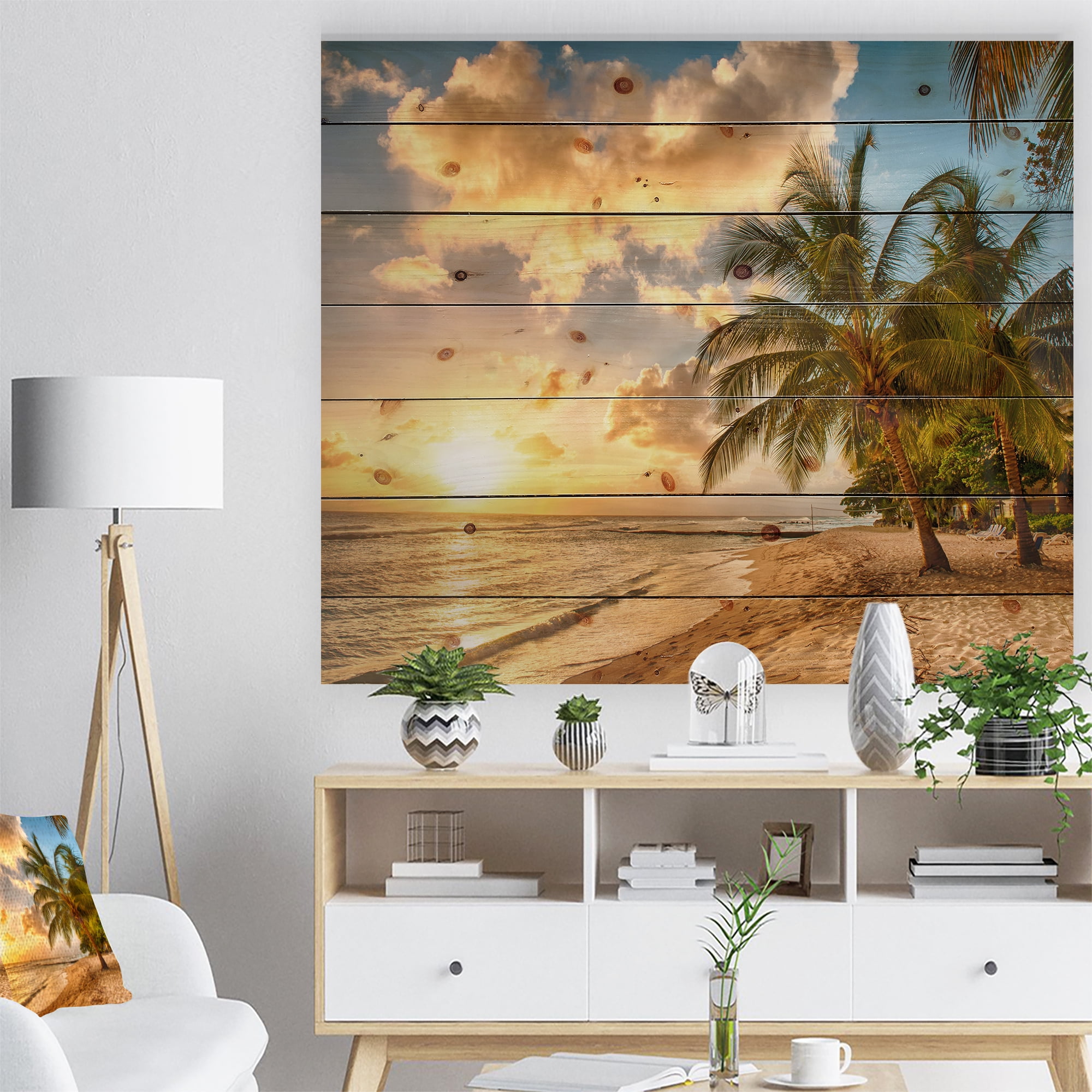 Designart 'Gorgeous Beach of Island Barbados ' Sea & Shore Print on Natural Pine Wood