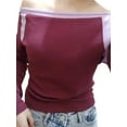 thumbnail image 6 of Womens Y2K Long Sleeve Shirt Off Shoulder Ribbed Knit Crop Top Contrast Color Slim Fitted Casual Tee Top, 6 of 10