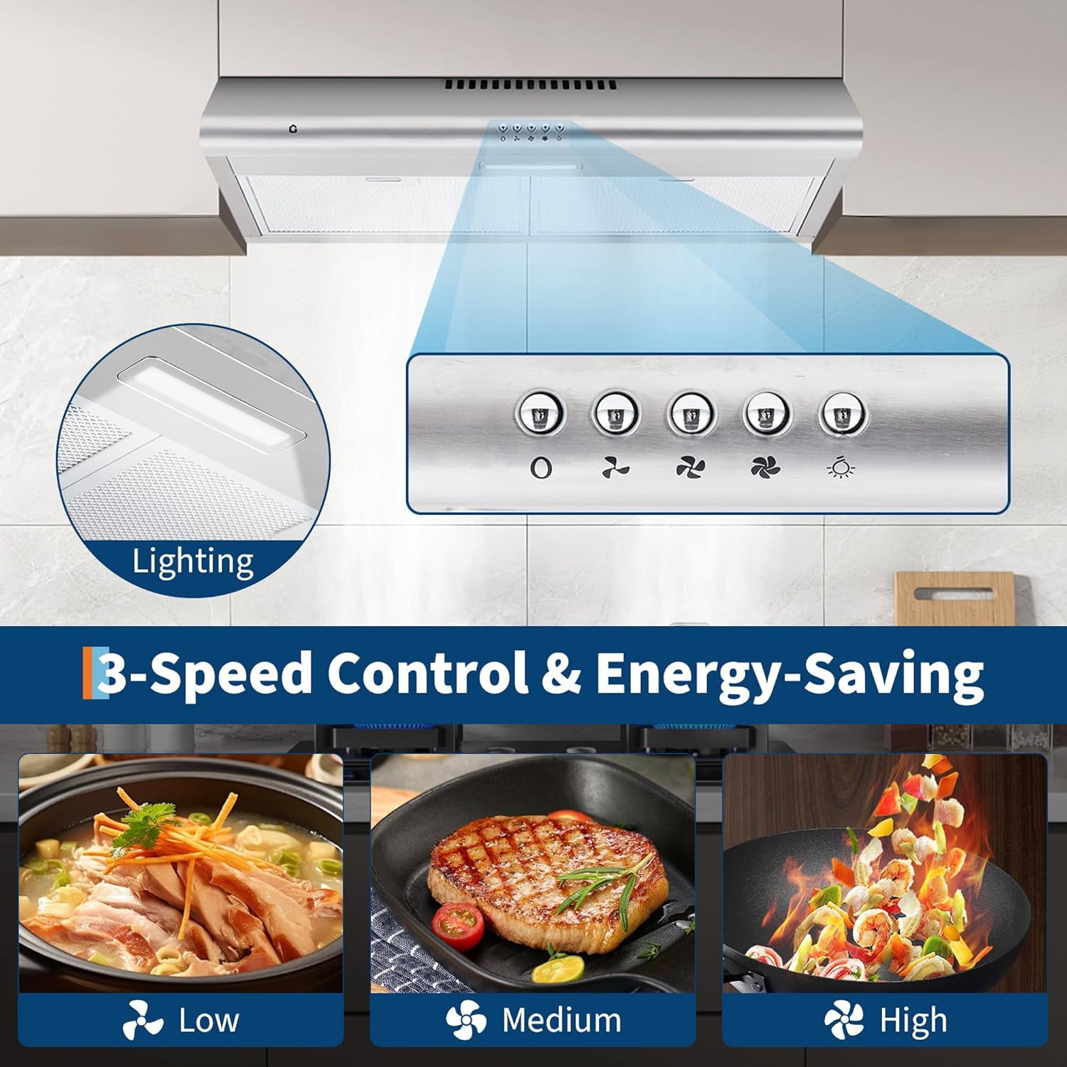 Juiluna Range Hood 30 Inch Under Cabinet, Stainless Steel Stove Vent Hood, 200CFM, 3-Speed Exhaust Fan, Button Controls, LED Lights, Reusable Baffle Filters, Silver
