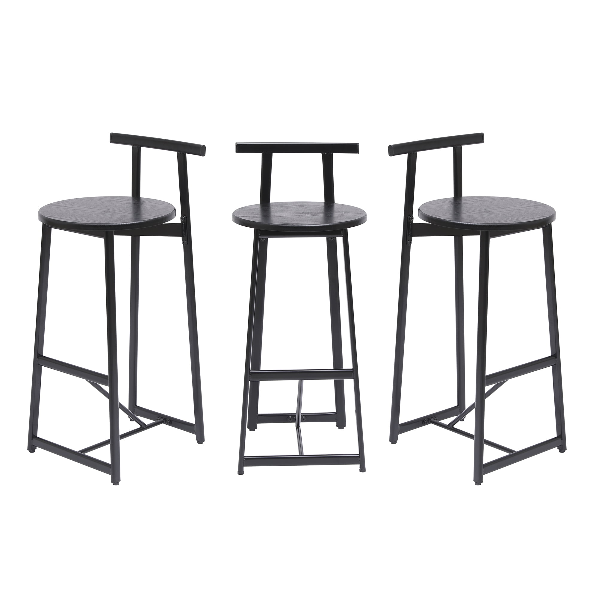 Wooden Round Bar Stools Set of 3 with Footrest 27 Inch Counter Height MDF Seat and Black Metal Frame for Kitchen Island Dining