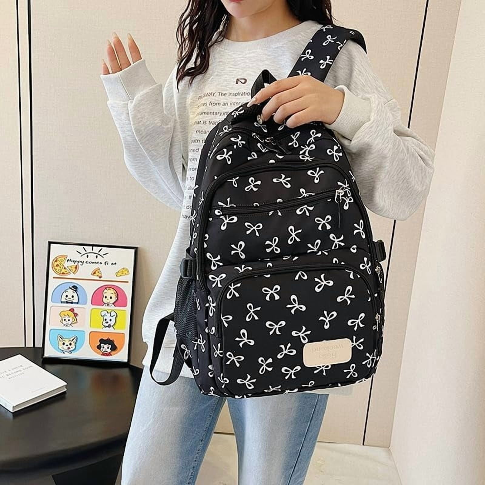 Lohol Coquette Aesthetic Backpack - Cute Kawaii Bow Rucksack for Women, Trendy & Lightweight Nylon Daypack (A03 Bow Black)